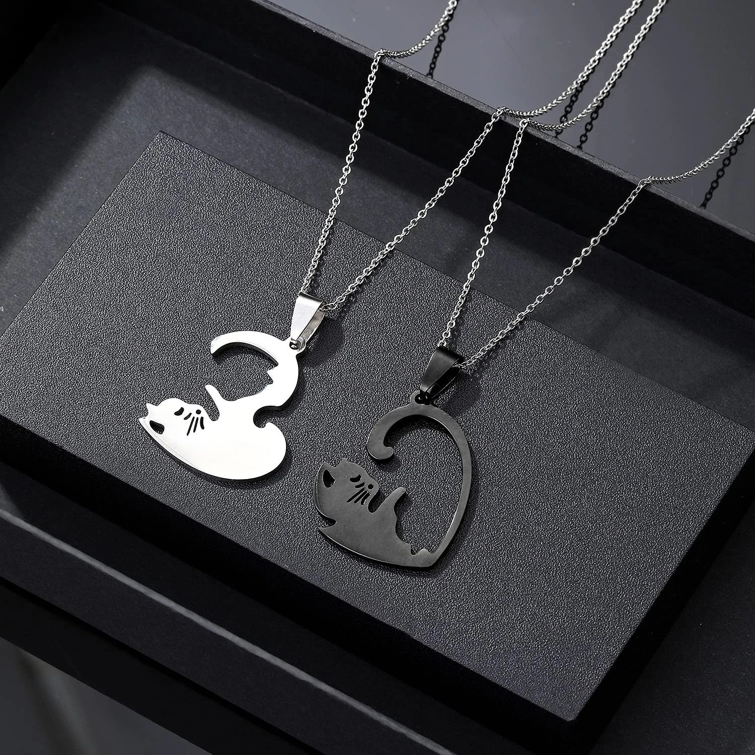 2 Piece Black & Silver Cat Matching Necklace Couple Cute Pendant Love BFF, Gift