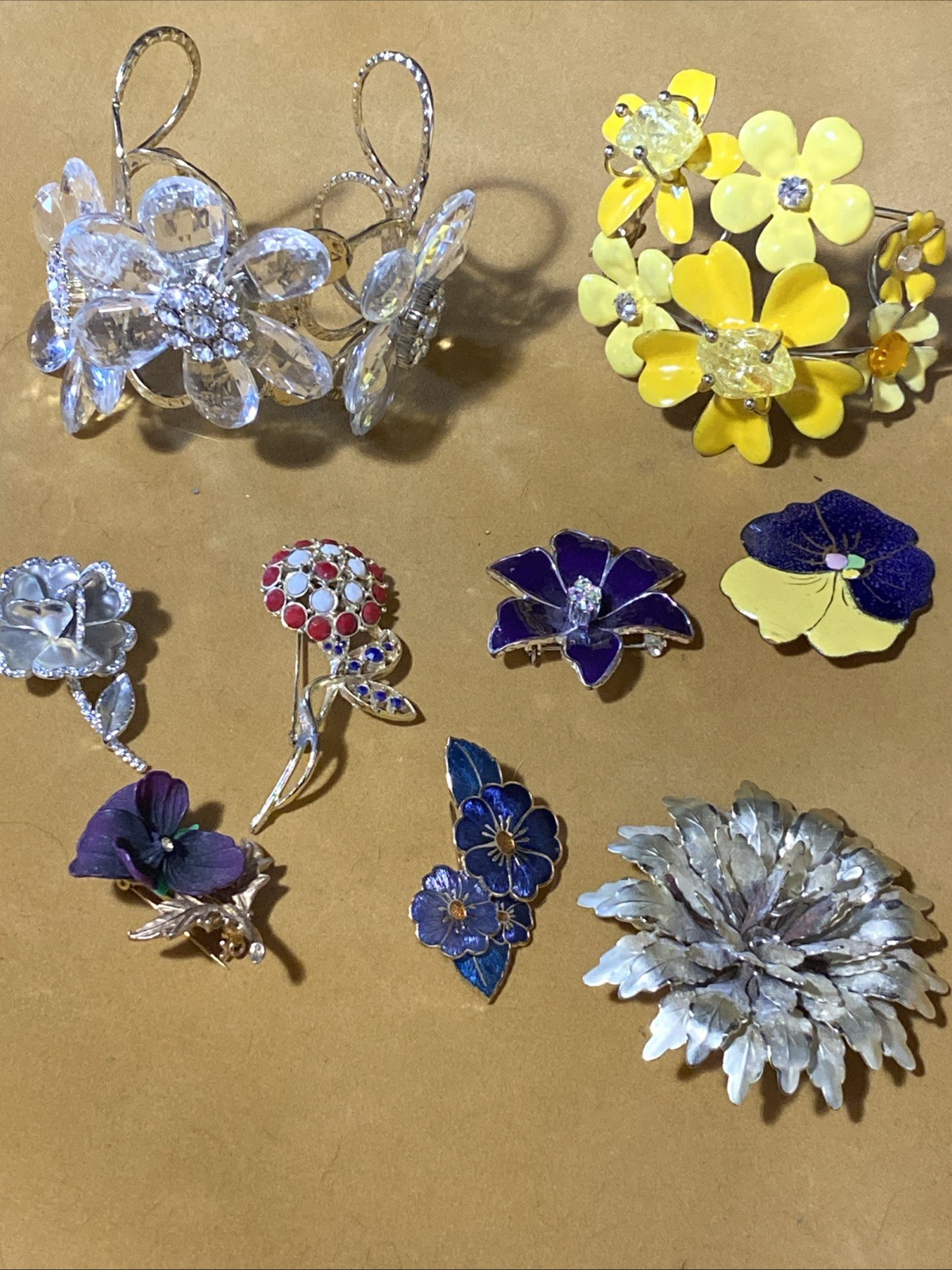 VTG Chunky Flower Cuff Bracelets (2) Metal Enamel Ceramic Flower Brooches Lot