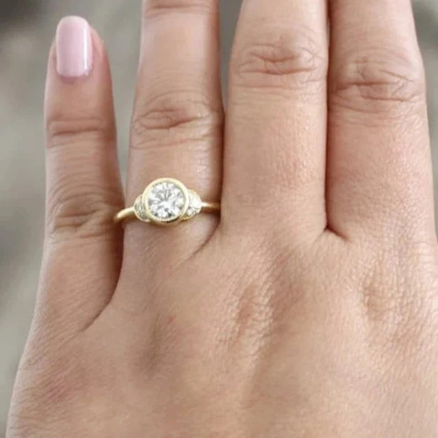 Bezel Set Engagement Ring 14K Yellow Gold Plated Round Cut Simulated Diamond