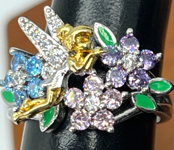 Ring Silver Tone Multi-Color Crystal Flowers w/Gold & Silver Flying Fairy Size 6