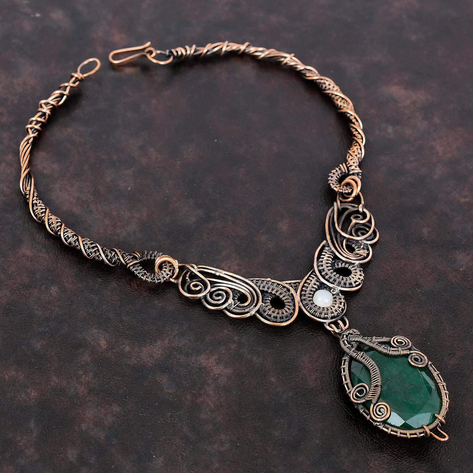 Faceted Zambian Emrald Necklace Copper Jewelry Wire Wrapped Chain Necklace 18.0″