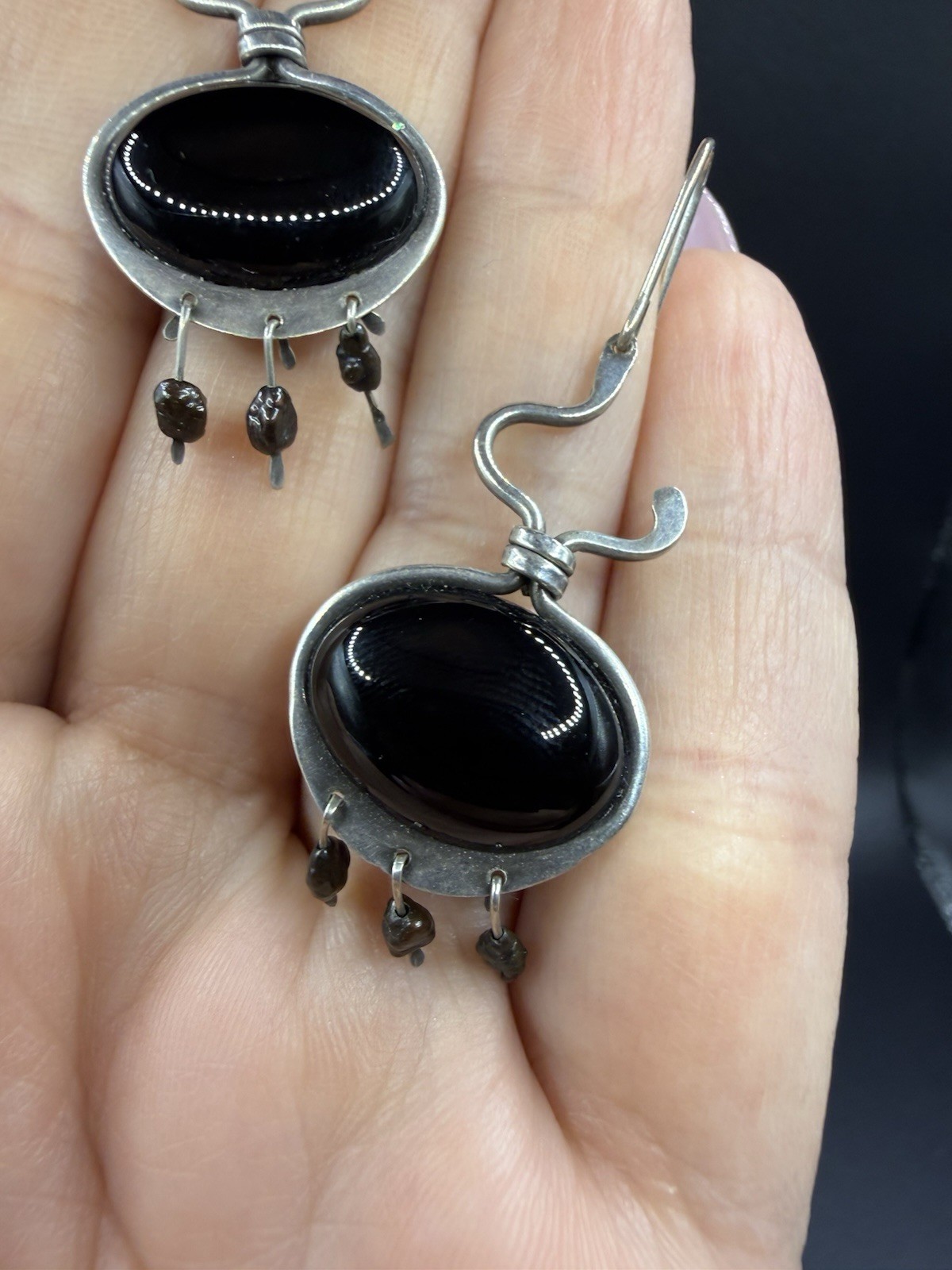 Black Onyx Dangle Ellipse Cabochon Silver Drop Earrings