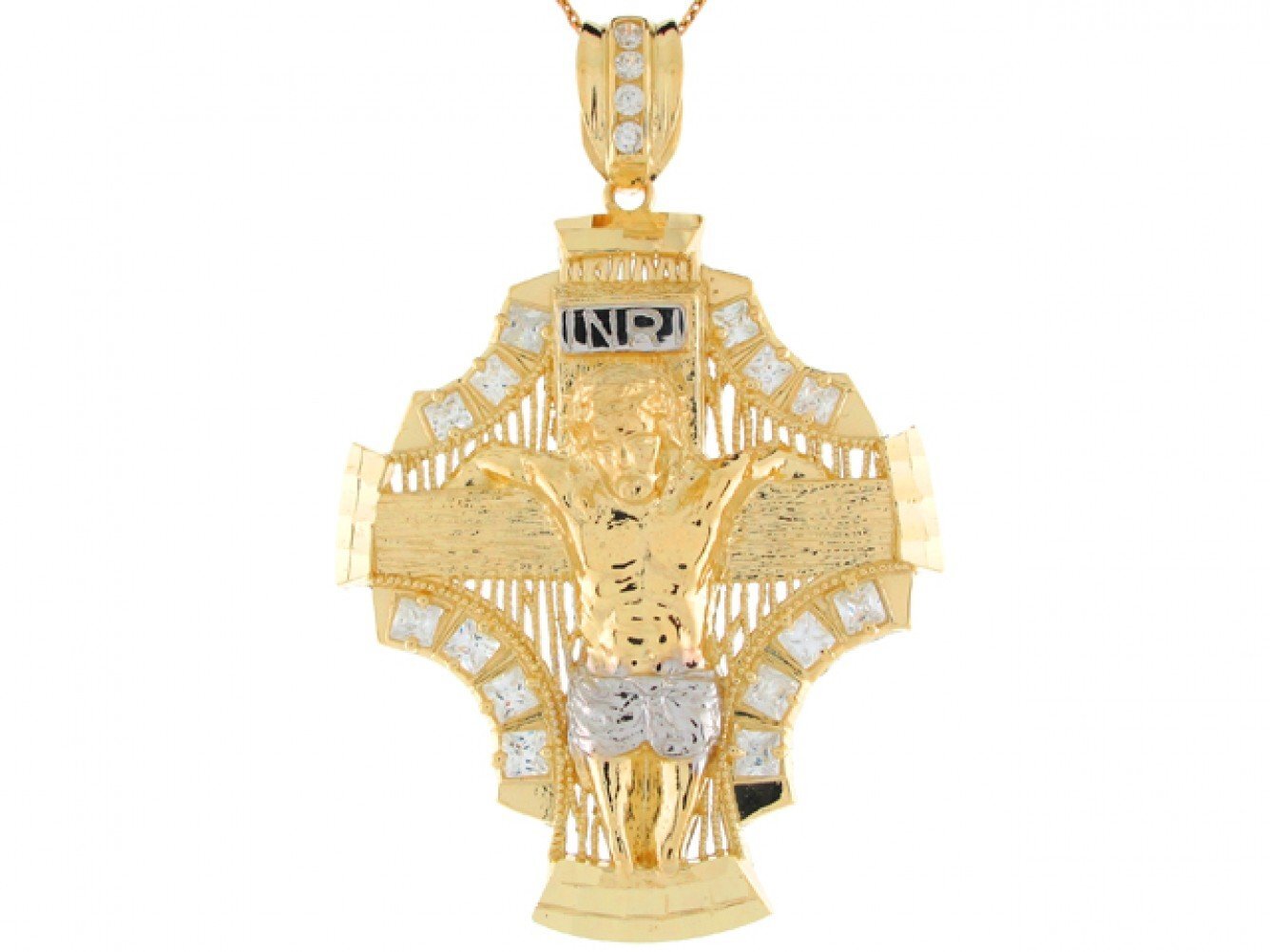 10k or 14k Real Two Tone Gold 6.6cm White CZ Jesus Christ Crucifix Pendant