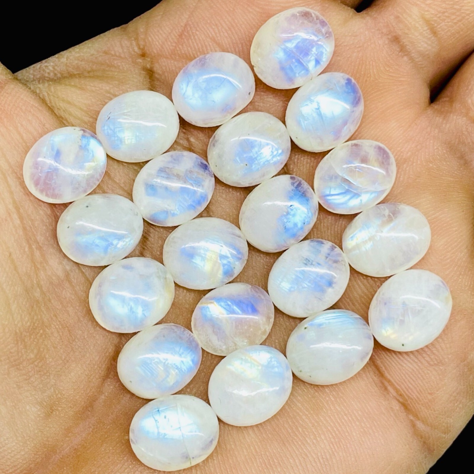 20 Pcs Natural Rainbow Moonstone 12x10mm Oval Blue Flash Cabochon Gemstones