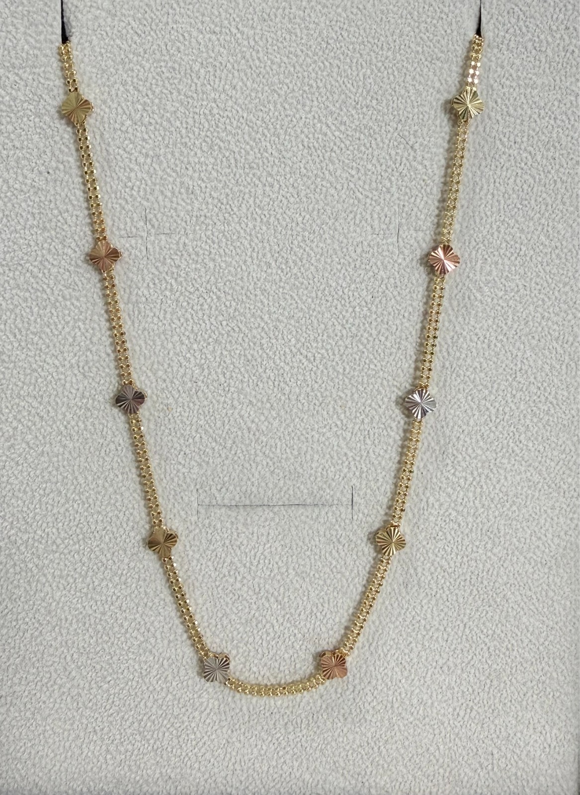 Women’s 14k tri-color gold station necklace w/ clover floral design 18-20″ 9.3g