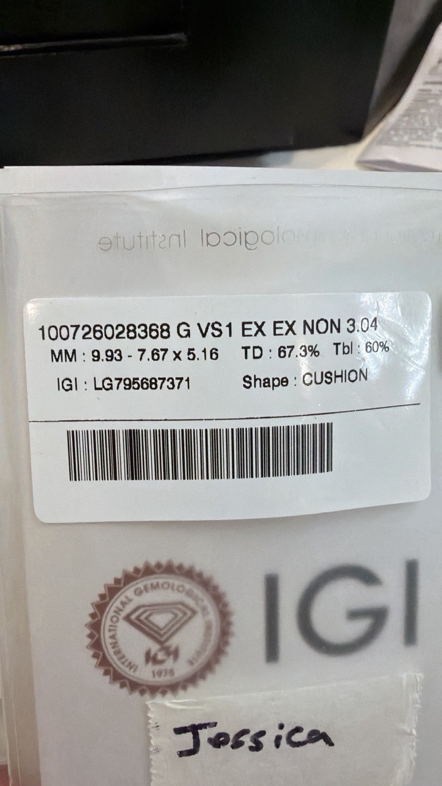 3.04 carat G VS1 Lab Grown Cushion Cut Diamond