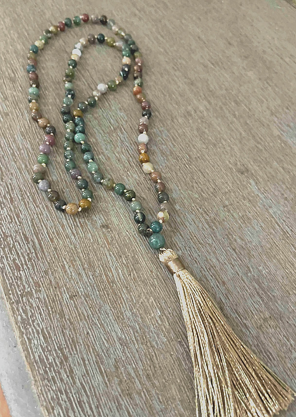 Agate Natural Stone 108 Beaded Mala Necklace with Gold Tassel – 21″ *NEW*