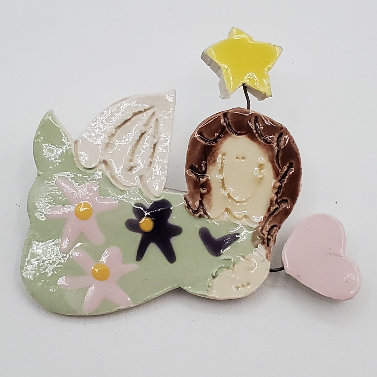 Hand Crafted Angel Brooch 2in Painted Ceramic Floating Heart Star Artisan Pin