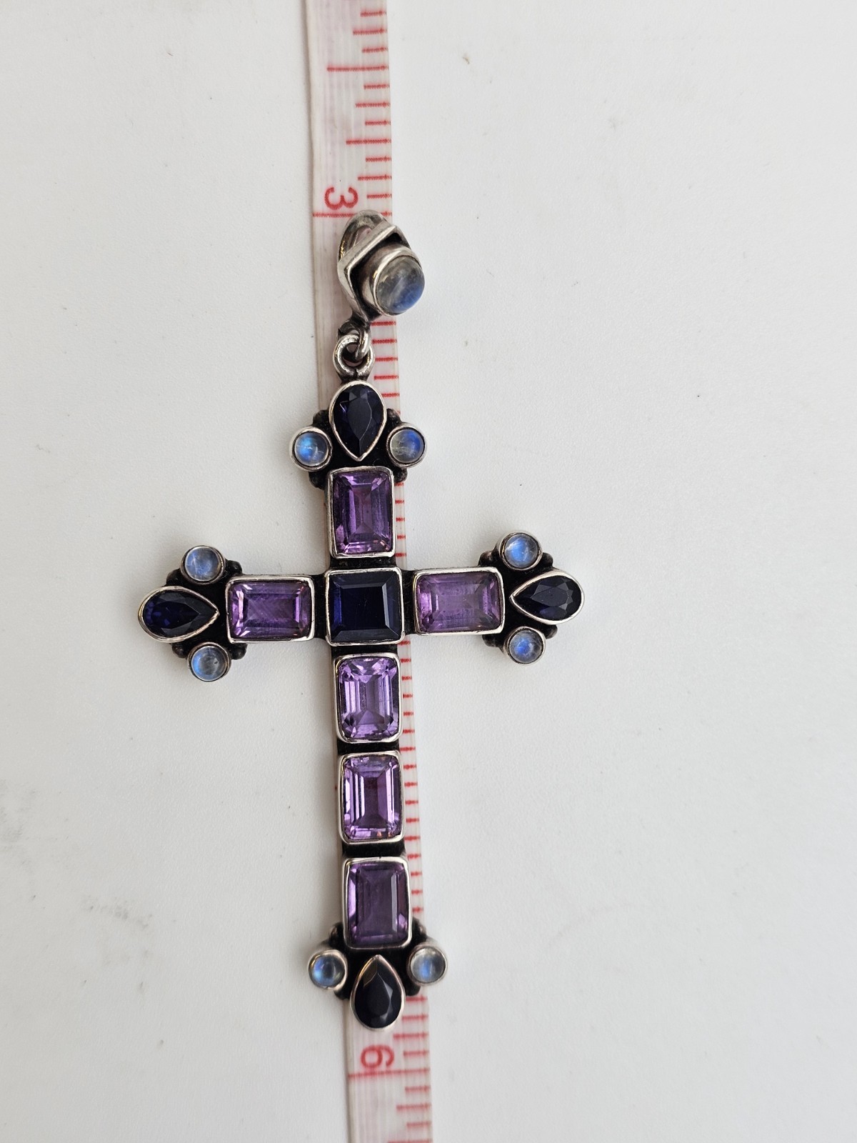 Nicky Butler 925 Silver Cross Pendant Amethyst Iolite Moonstone Signed India 11g