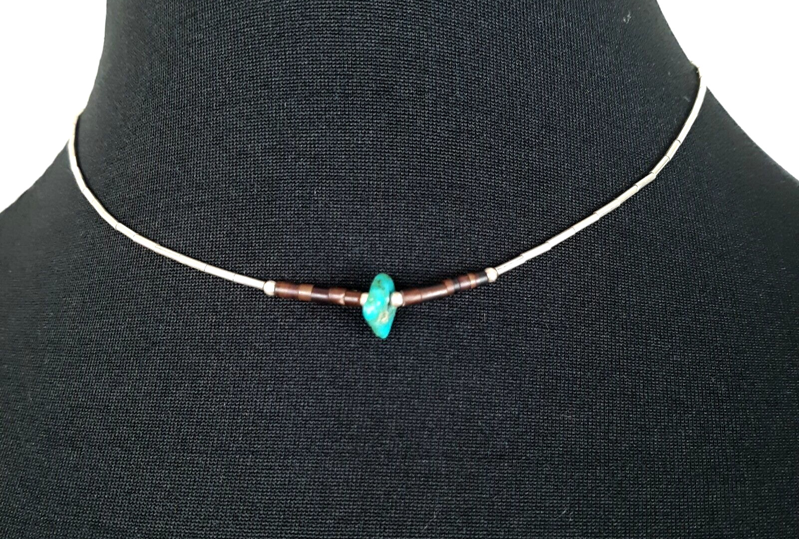 Vintage Southwest Silver Necklace Turquoise Chip Delicate Choker Length 15 Inch