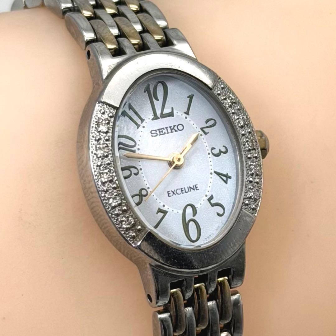 Seiko Exceline V117-0AV0 Solar Ladies Watch White Stone Bezel Japan 0713264