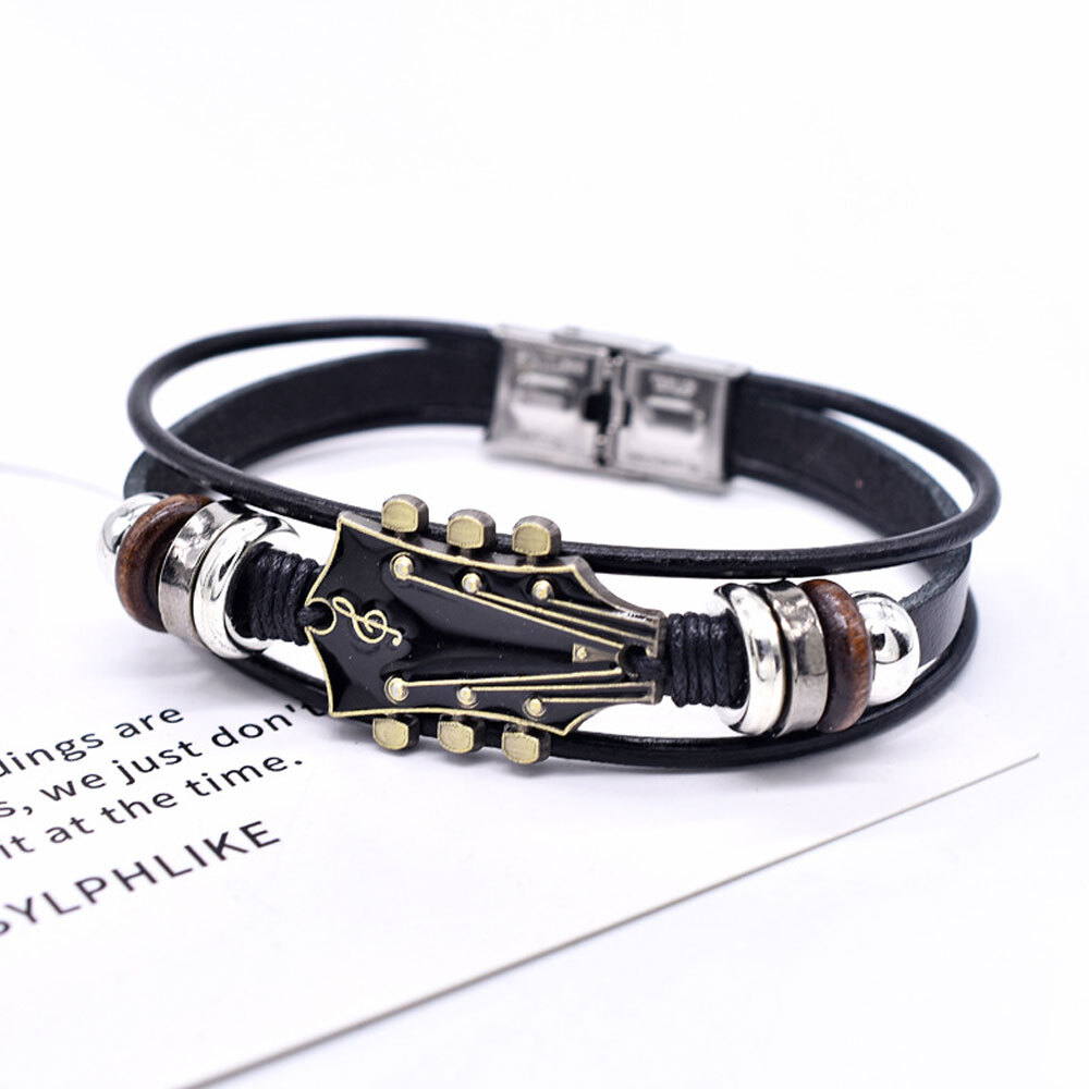 Retro Faux Leather Guitar Bracelet,Zinc Alloy Rock Music Guitar Bracelet ET