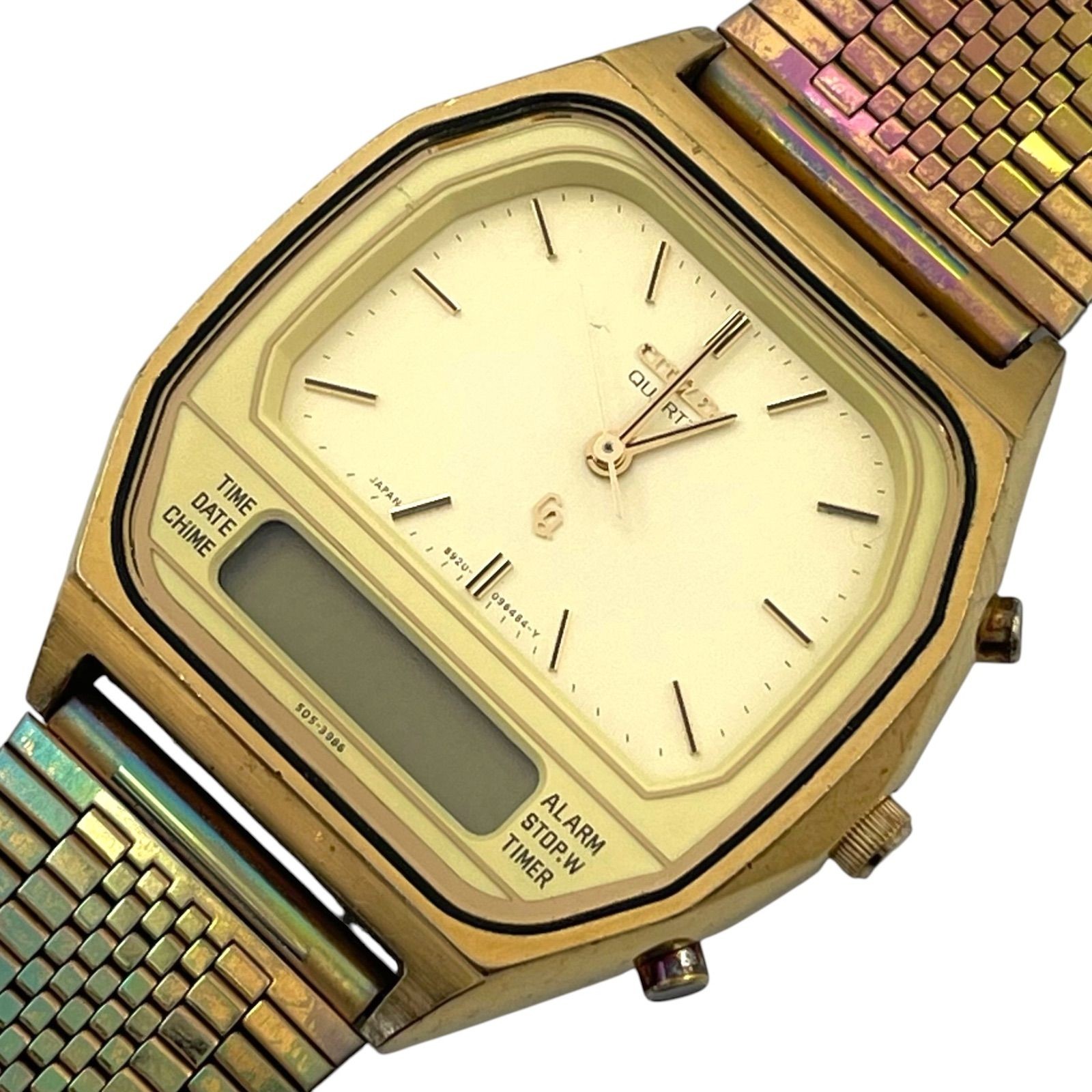 Working CITIZEN CUE Watch Ana Digi 4 082346 Y Gold QZ Quartz 3 Hands Gold a71
