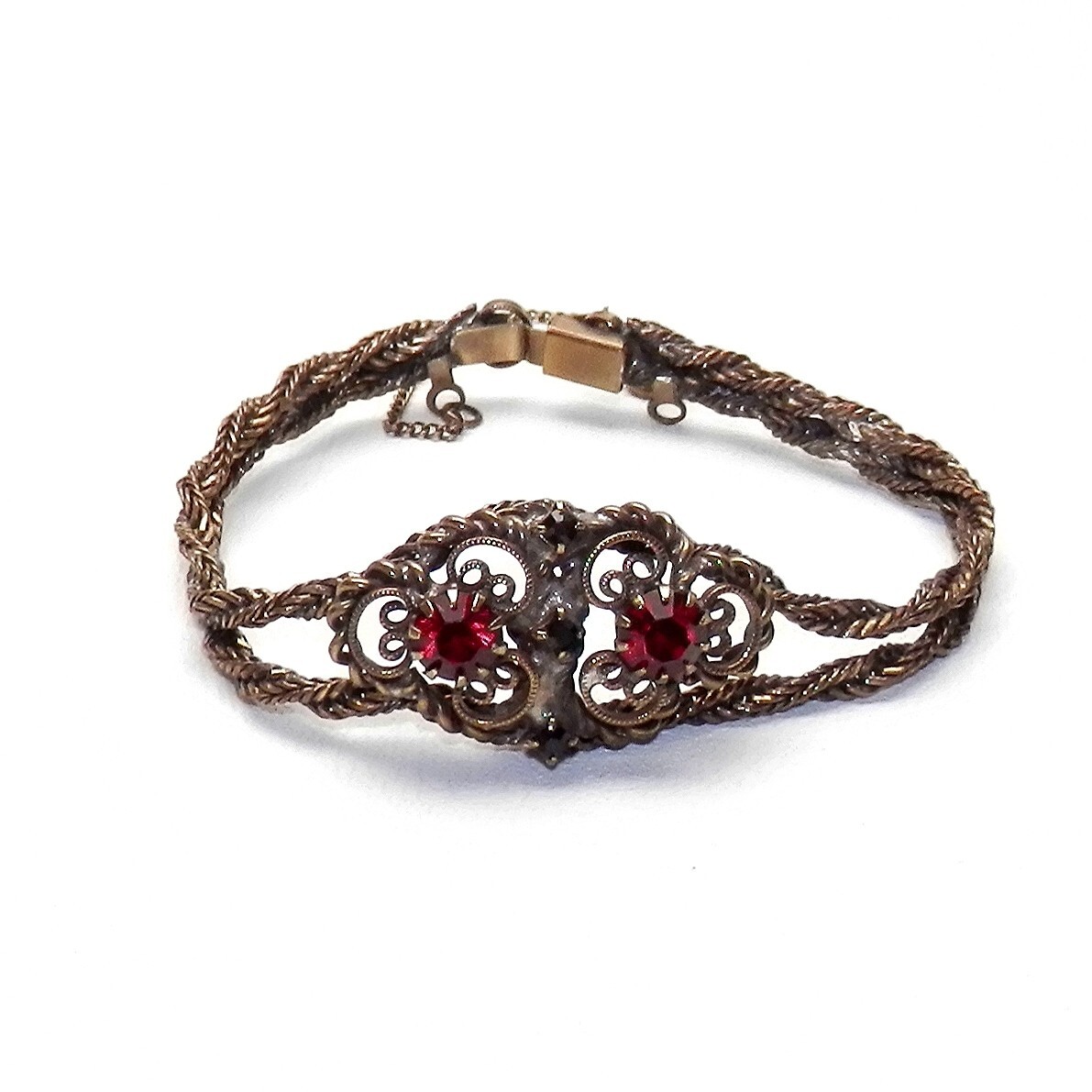 Vintage Designer Hobe Bracelet Earrings Set Filigree Red Stones Statement Signed