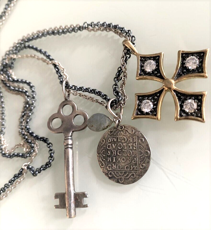 Stella & Dot Liv Multi Charm Maltese Cross Labradorite Stone Key Coin Necklace