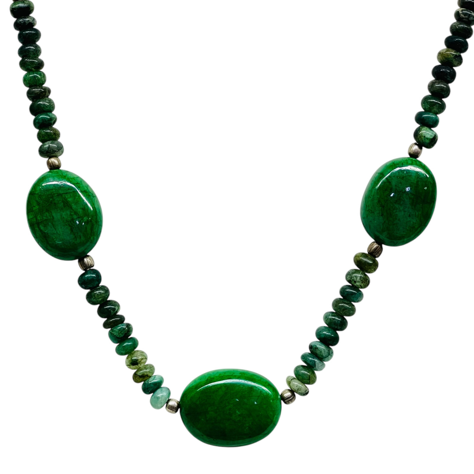 23′ Natural Emerald Designer Necklace Cabochon Beads 925 Silver Clasp