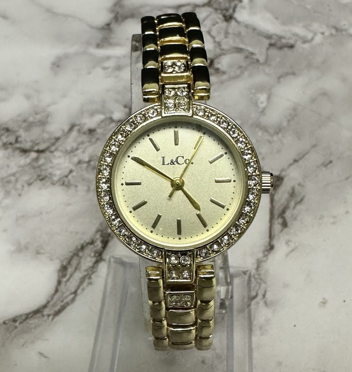 L & Co Watch Women Gold Tone Round Dial Crystal Bezel New Battery 7.25″
