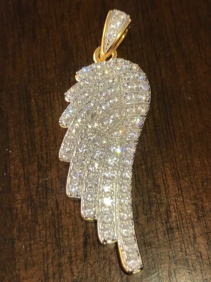 Angel Wing Pendant 14k Gold Plated Genuine Sterling Silver Simulated Diamonds
