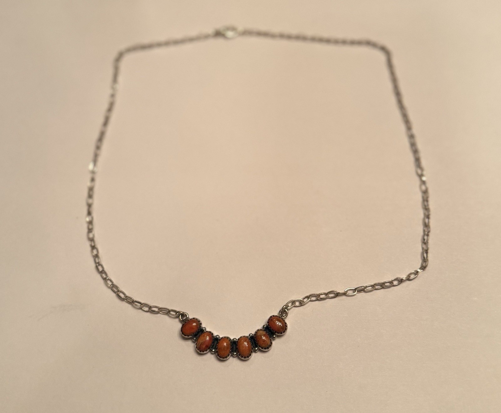 Spiny Oyster 6 Stone Necklace 925 Stamped Sterling 20” Longest Adjustable