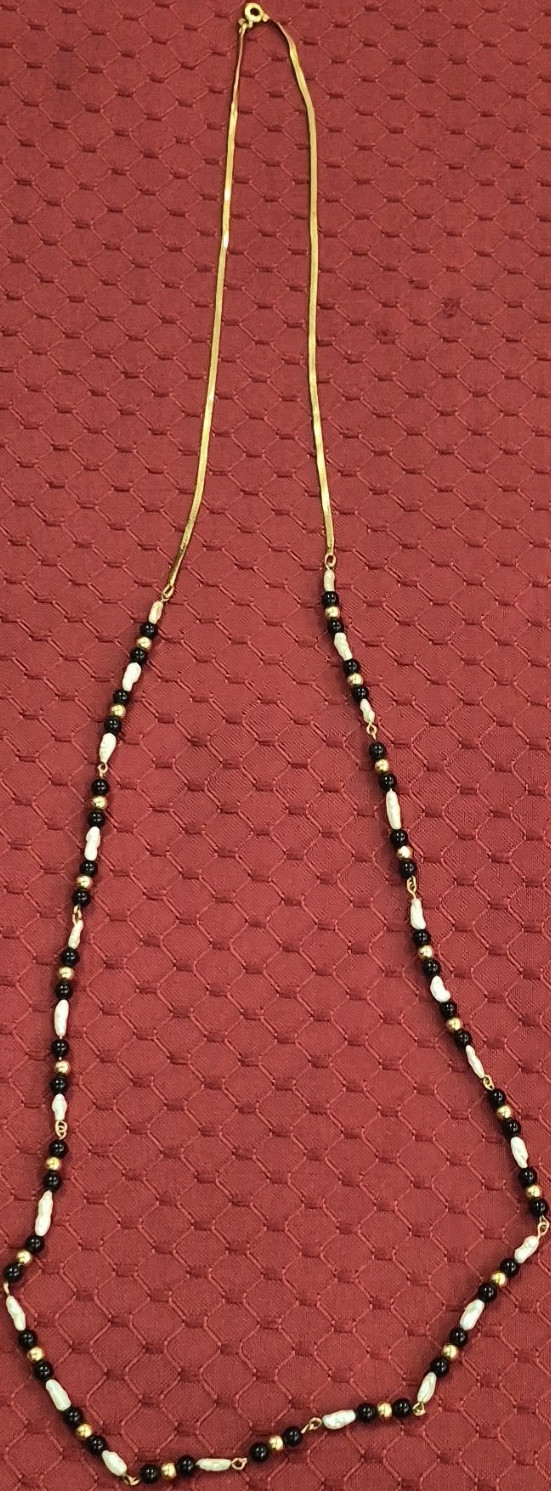 Beaded Gold, Black, and White Necklace with 14k GoldChain