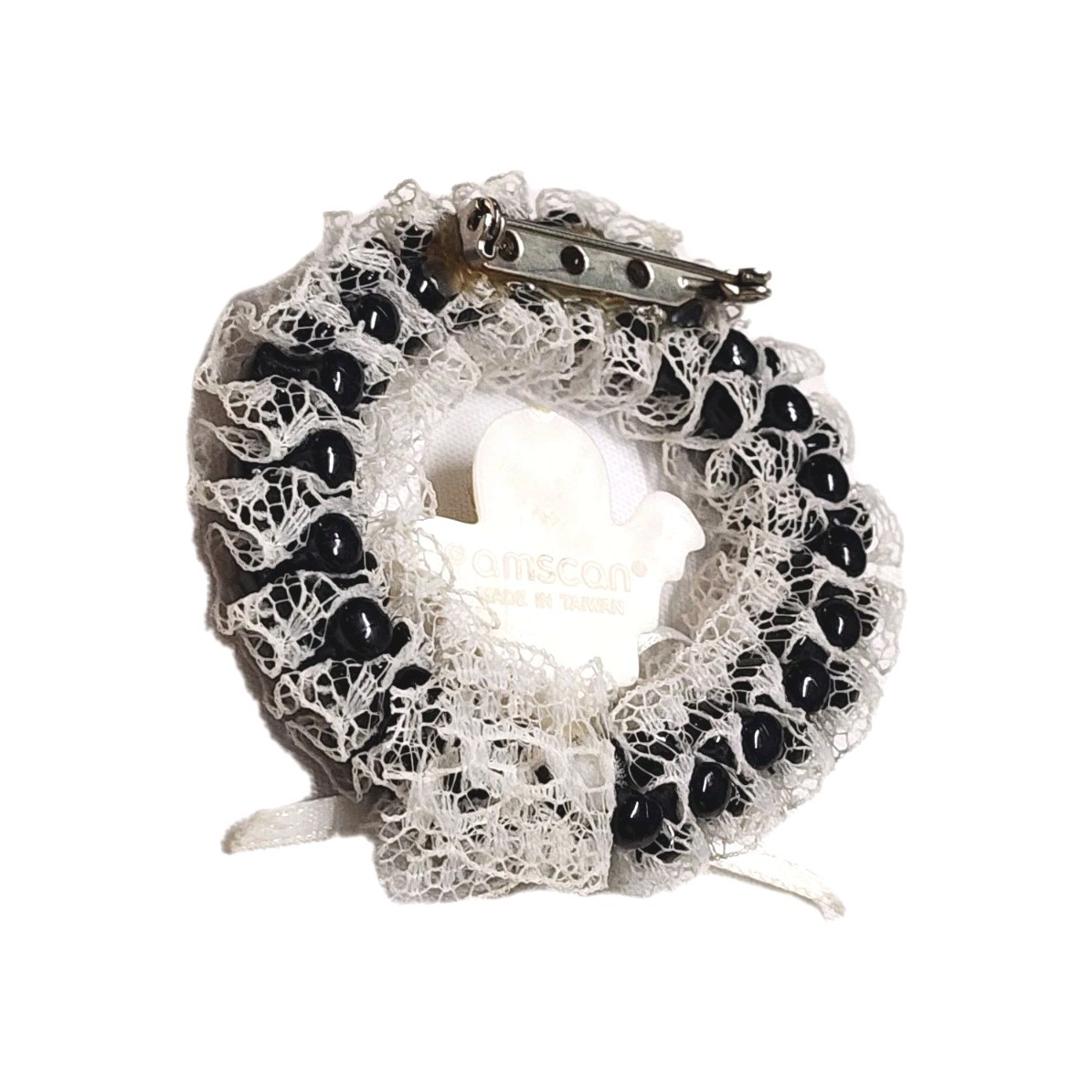Vintage Handmade Amscan Ghost Round Wreath Pin Brooch Black & White Halloween