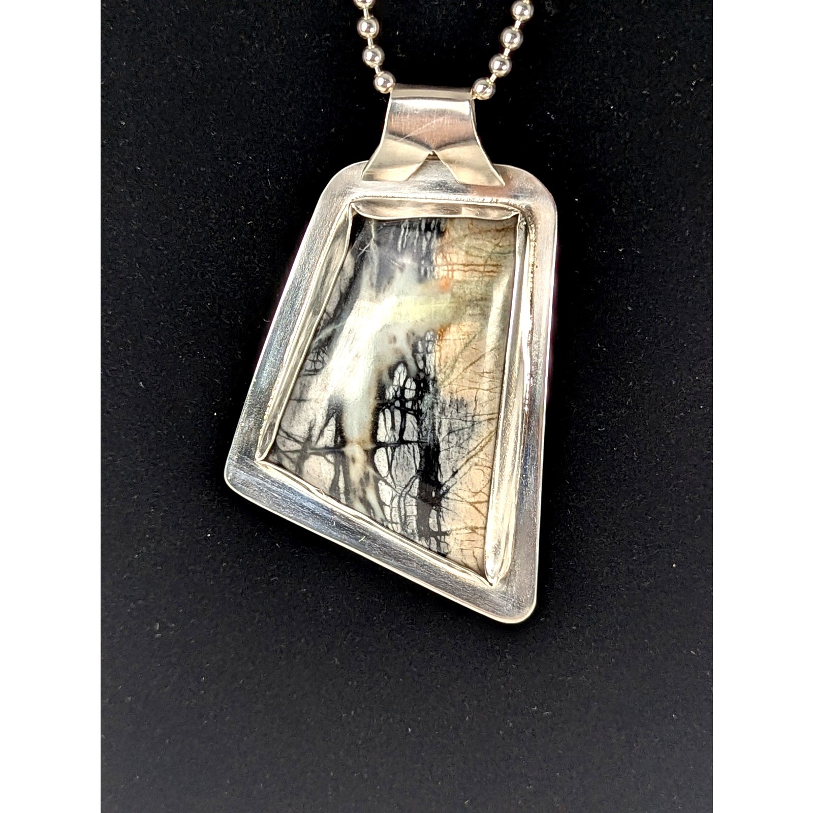 Picasso marble Sterling large pendant set in asymmetrical bezel + ball chain NWT
