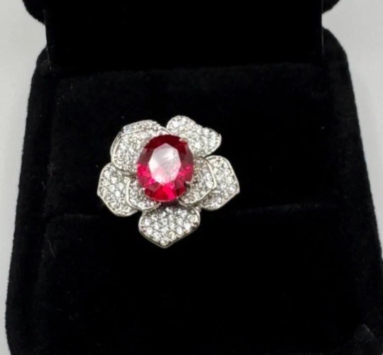 Platinum Plated Adjustable 2 ct Moissanite Pink Flower Ring Vintage Inspired