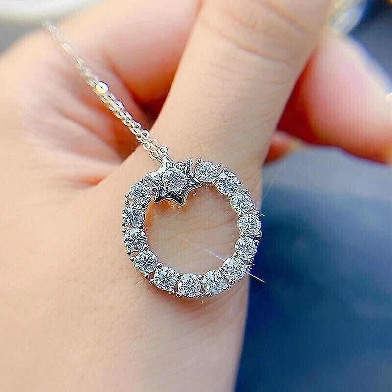 2.00 Ct Round Cut Real Moissanite Circle Star Pendant 14K White Gold Plated