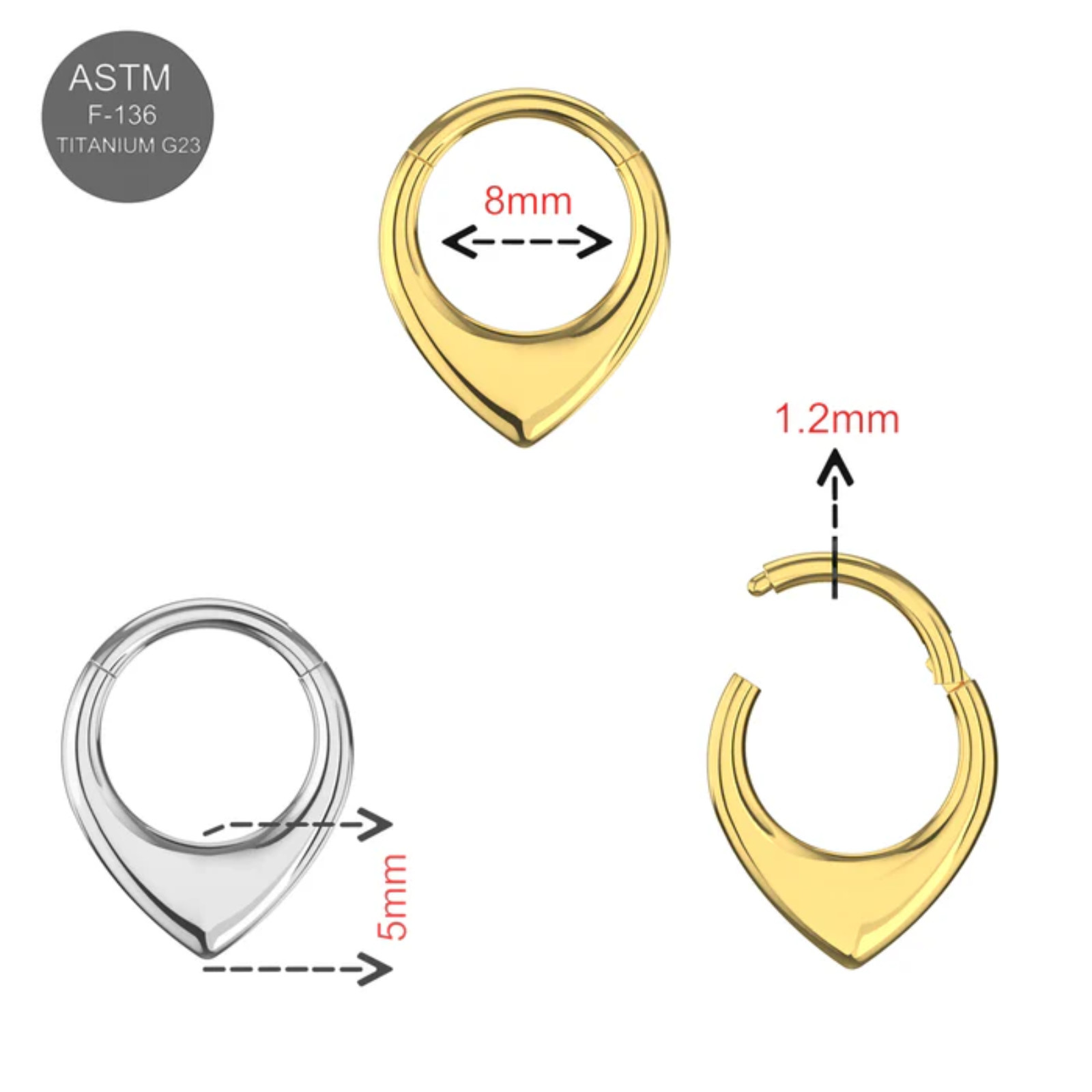 G23 Titanium Teardrop Hinged Segment Clicker Ring Septum Nose Cartilage