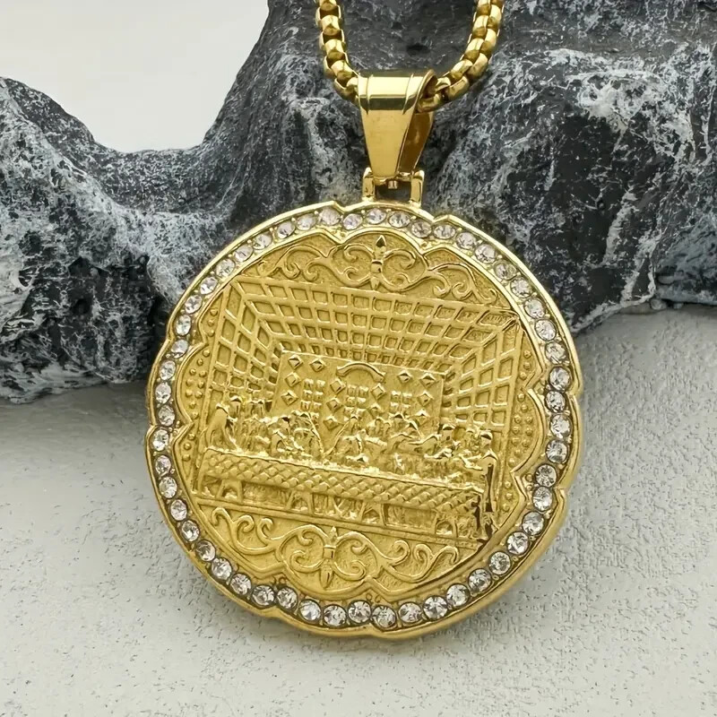Stainless Steel Last Supper Jesus CZ Religious Pendant & 24″ Rolo Chain Necklace