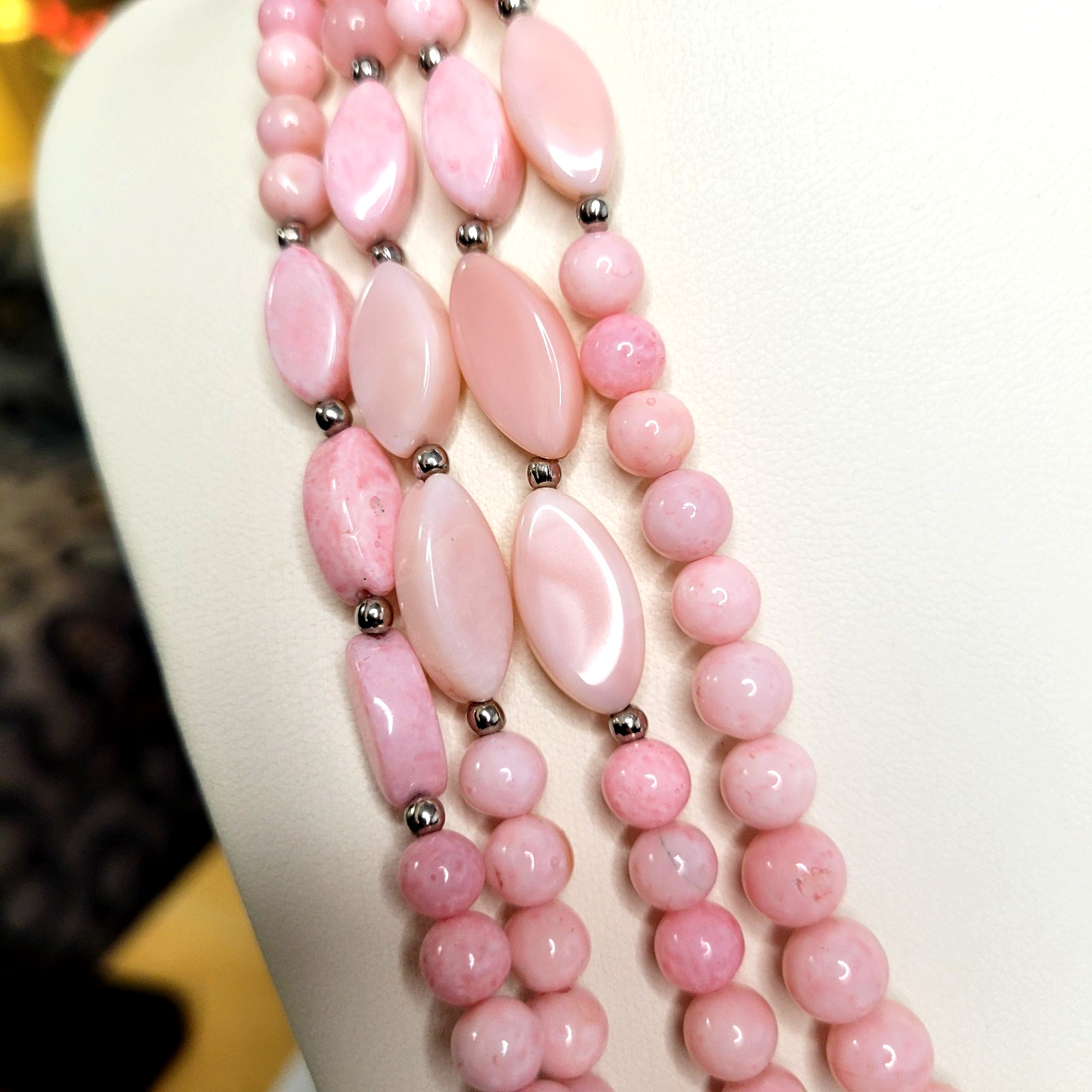 New JTV 925 Marquise Pink Opal gemstone Bead Necklace Triple 18-20″ Sterling