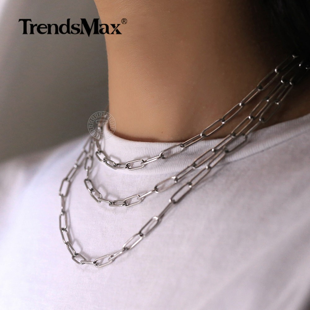 4MM Stainless Steel Silver Paperclip Rolo Chain Necklace Choker Link 16-20″