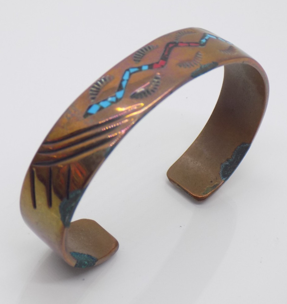 vtg Diné Navajo Willie Nezzie WN Copper Turquoise Coral Inlay Cuff Bracelet