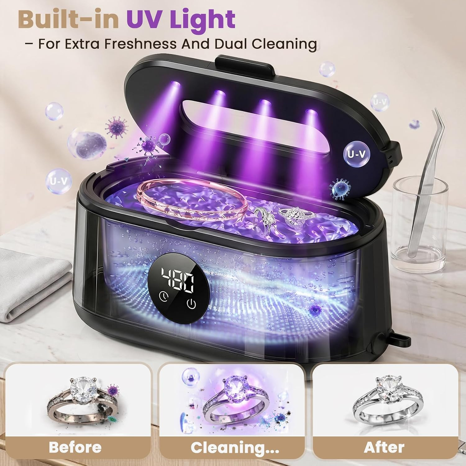 Ultrasonic Jewelry Cleaner, 50Khz Ultrasonic Cleaner Machine for Jewelry, Eyegla