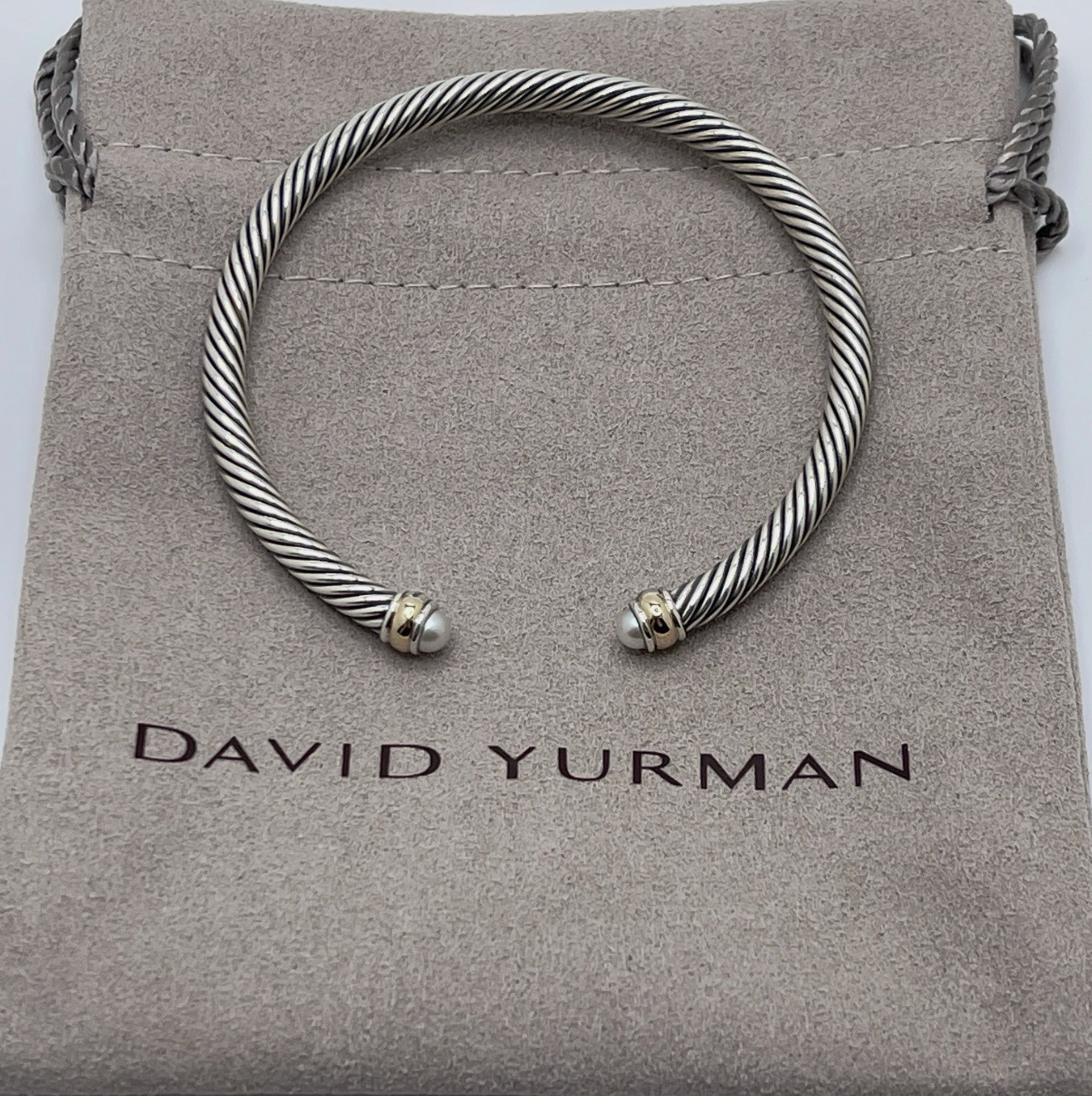 David 4mm Cable 925 Sterling Silver Pearls and 18K Yellow Gold Bracelet