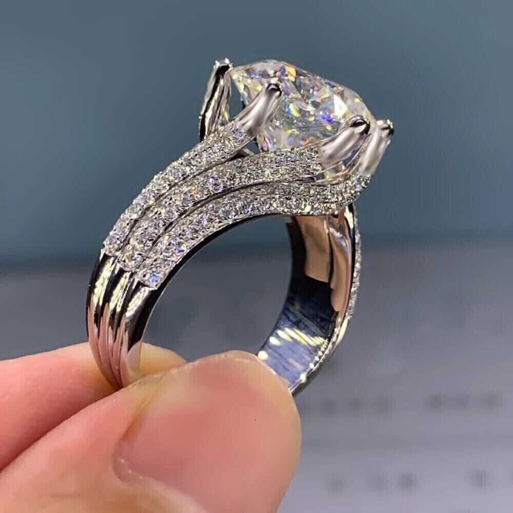 5 Carat Round Cut Moissanite Engagement Wedding Ring Real S925 Sterling Silver