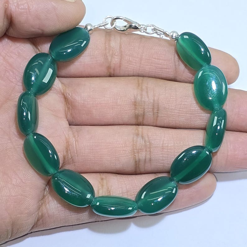 Natural AAA++ Green Onyx Smooth Oval Gemstone Beaded Bracelet 6-8” Men & Women