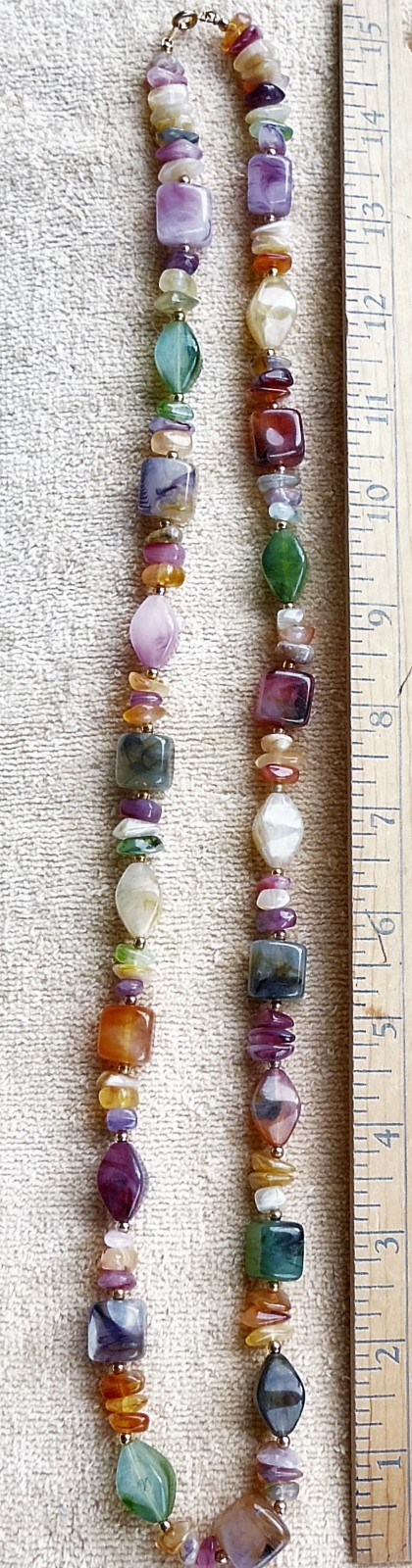 Multicolor plastic agate beaded necklace multiple shapes 33 inch length