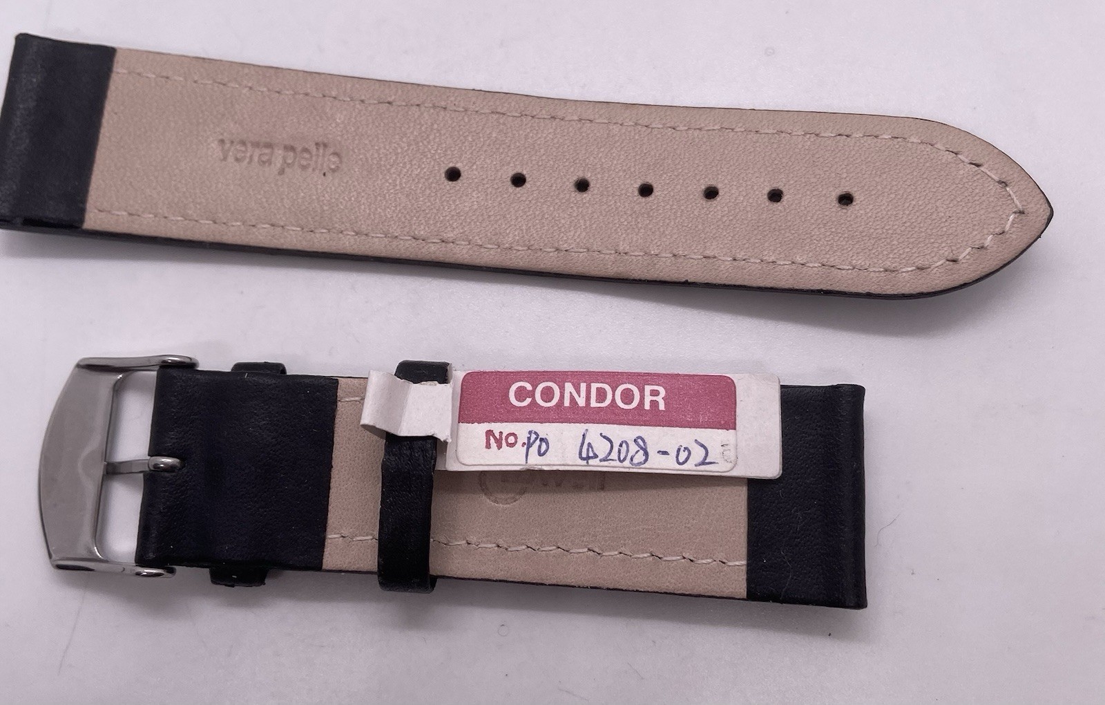 New CONDOR Lowell Black Leather Watch Band 22mm Lugs Silver Buckle Stitched