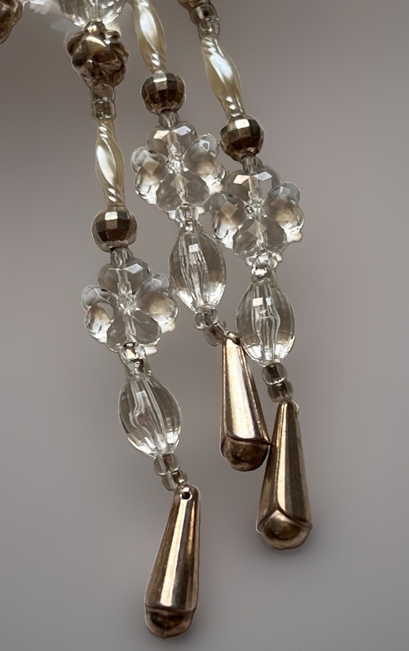 Clear Crystal Beaded Collar Bib Necklace Metallic Silver Teardrop Fringe Craft