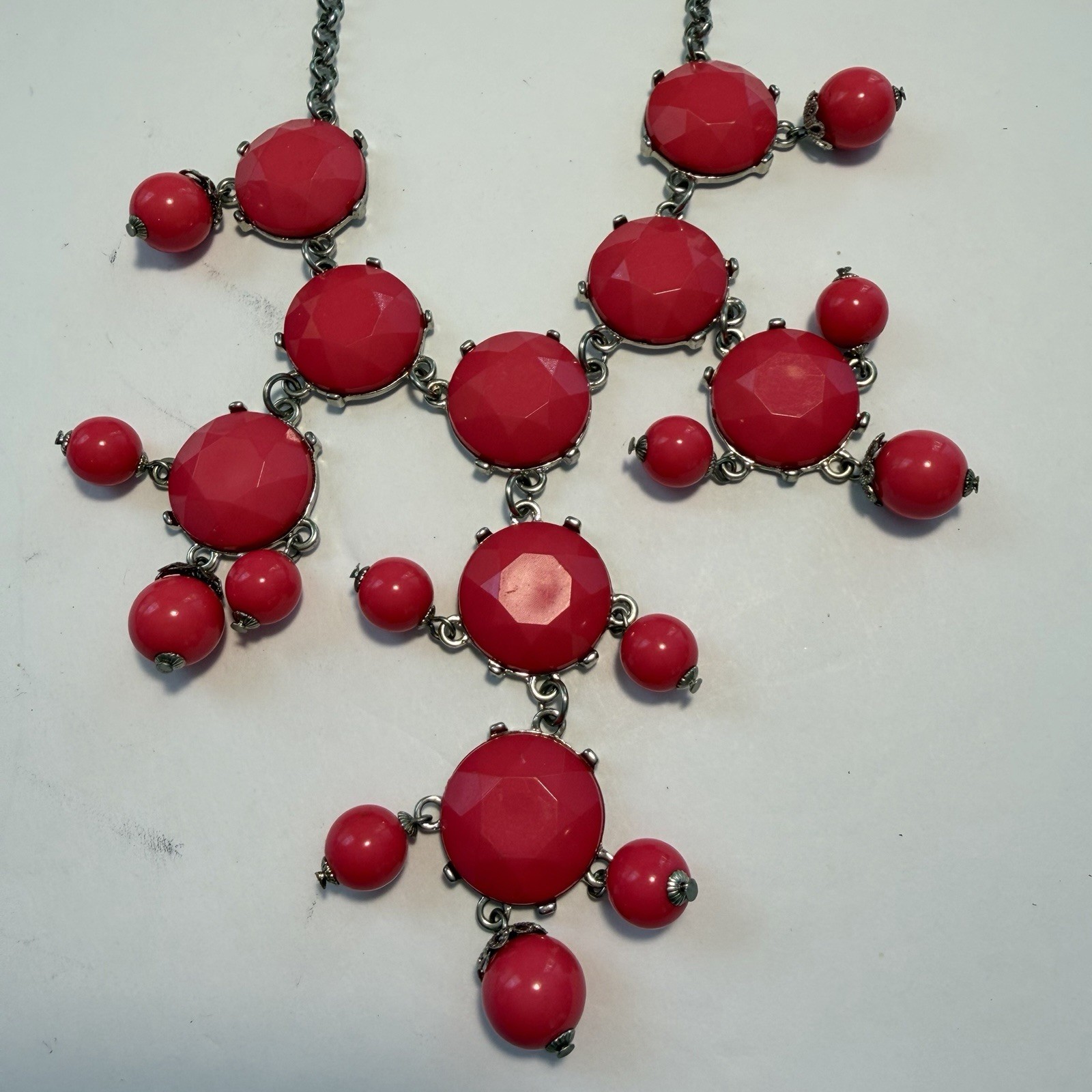 LOFT Hot Pink Bubble Bead Statement Necklace Silver Tone Chain Bib Cluster