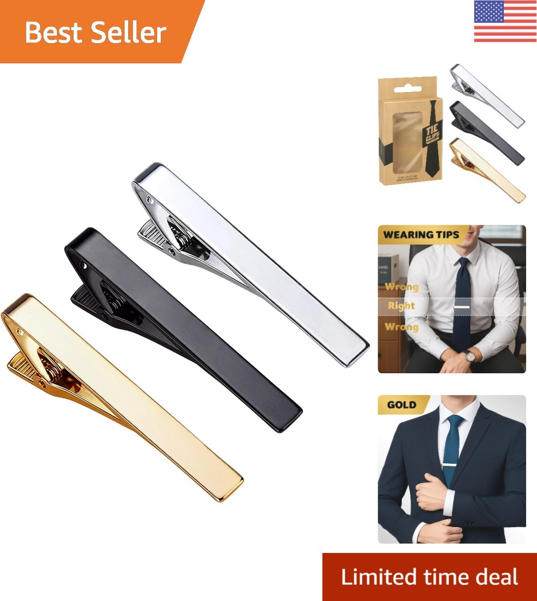 3-Piece Elegant Tie Clips Set in Gold, Silver & Black – Perfect for Weddings