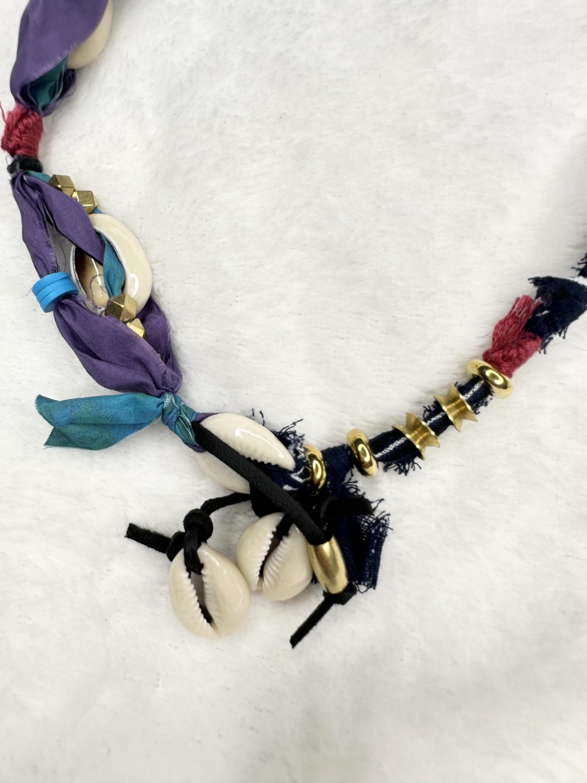 NEW Free People Boho Cowrie Shell Fabric Mixed Media Necklace Gold Adjustable