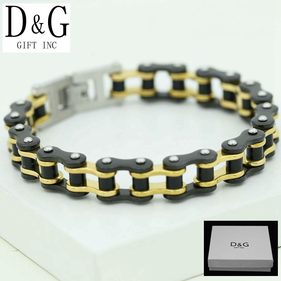 DG Men’s 8.5″Stainless Steel,Motorcycle Bike Link Chain Bracelet,Gold Plated*BOX
