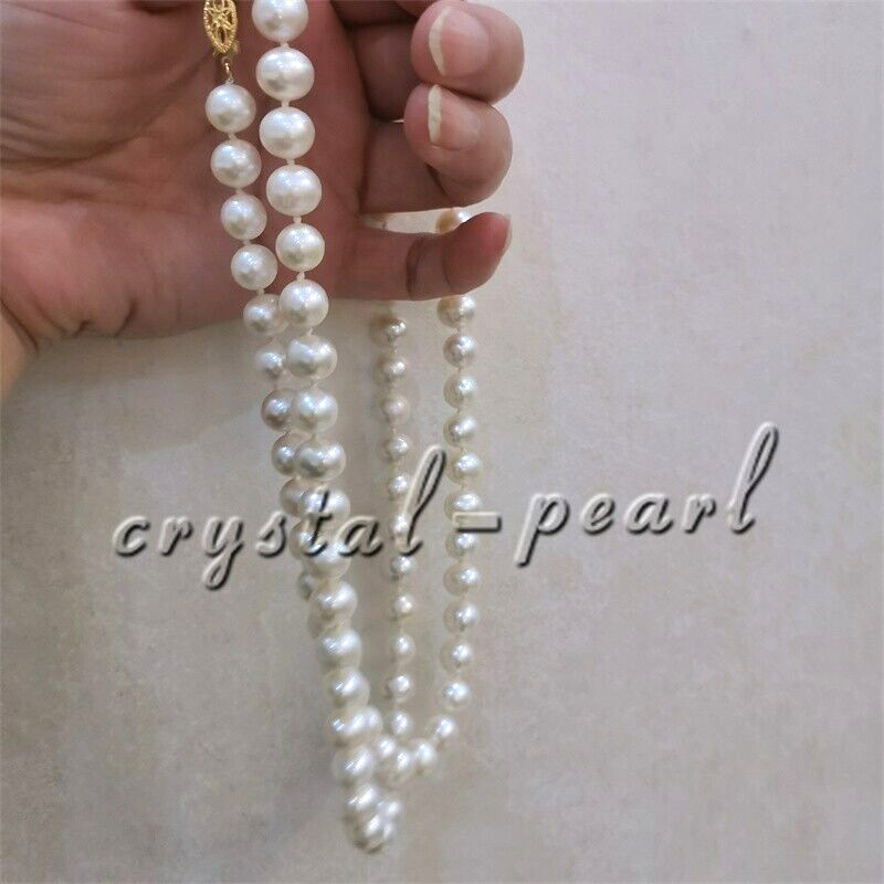 36″ Opera Length 9-8mm Akoya White Pearl Necklace 14k Yellow Gold Clasp