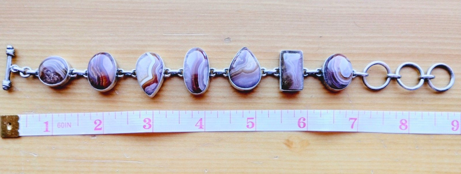 Natural SJ Red Banded Agate Stone Sterling Silver Sajen Toggle Bracelet 7-9in
