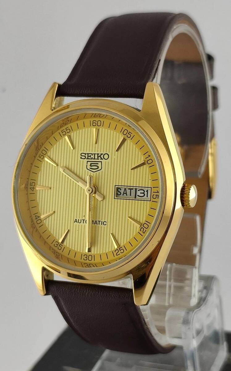 Seiko Vintage Automatic 36mm Gold Dial Men’s Watch Brown Strap Japan Used