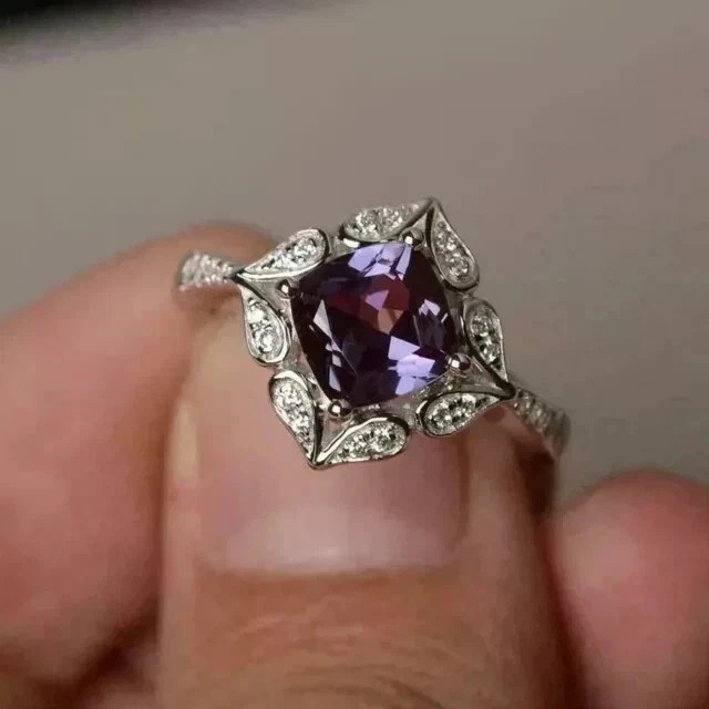 2.00 Ct Cushion Cut Natural Alexandrite & Diamond Wedding Ring 14K White Gold