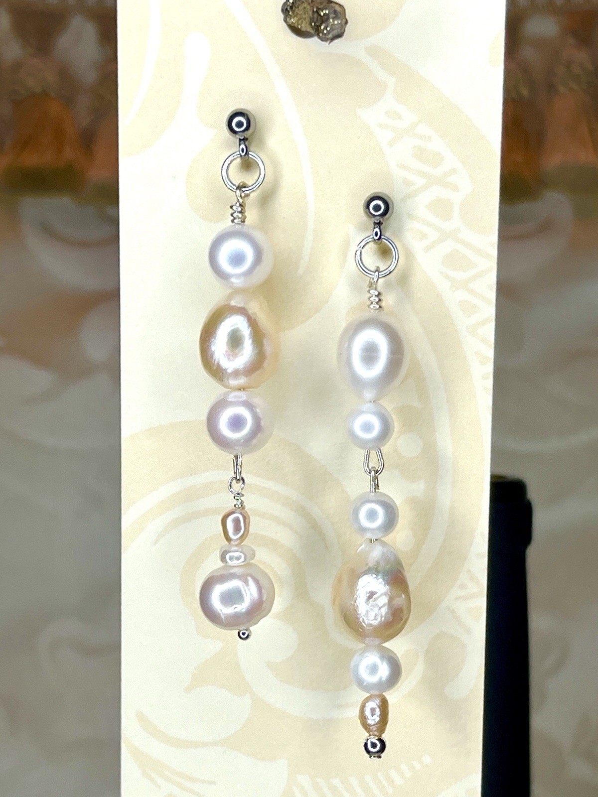 Asymmetric Eclectic Dangling Cream Champagne 12 mm Baroque Pearl Earrings