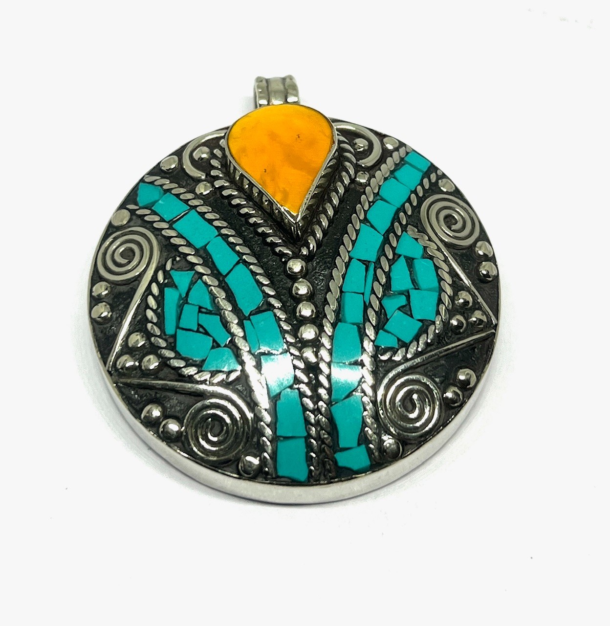 Amber Turquoise Gemstone Tibetan Style Traditional Pendant Jewelry, 2.0 inc